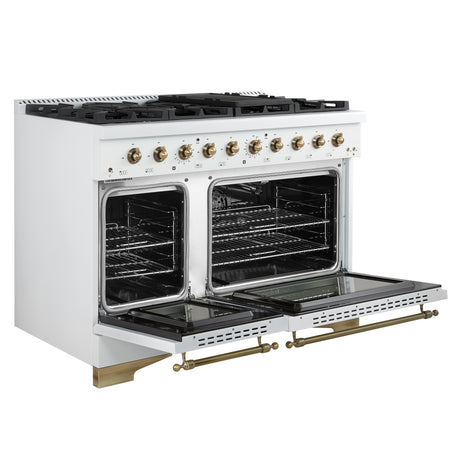 Forno Antico 48-Inch Freestanding Gas Range, White, Antique Brass Design, 8 Burners, Griddle, Double Ovens, Energy Efficient