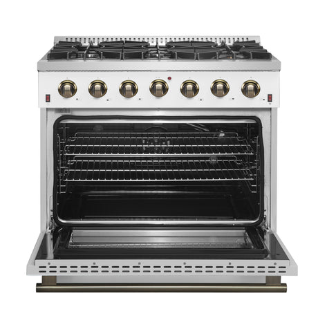 Forno Galiano 36-inch Freestanding Gas Range in White with Antique Brass Design, 6 Burners, 83,000 BTU, 5.36 cu.ft. Convection Oven