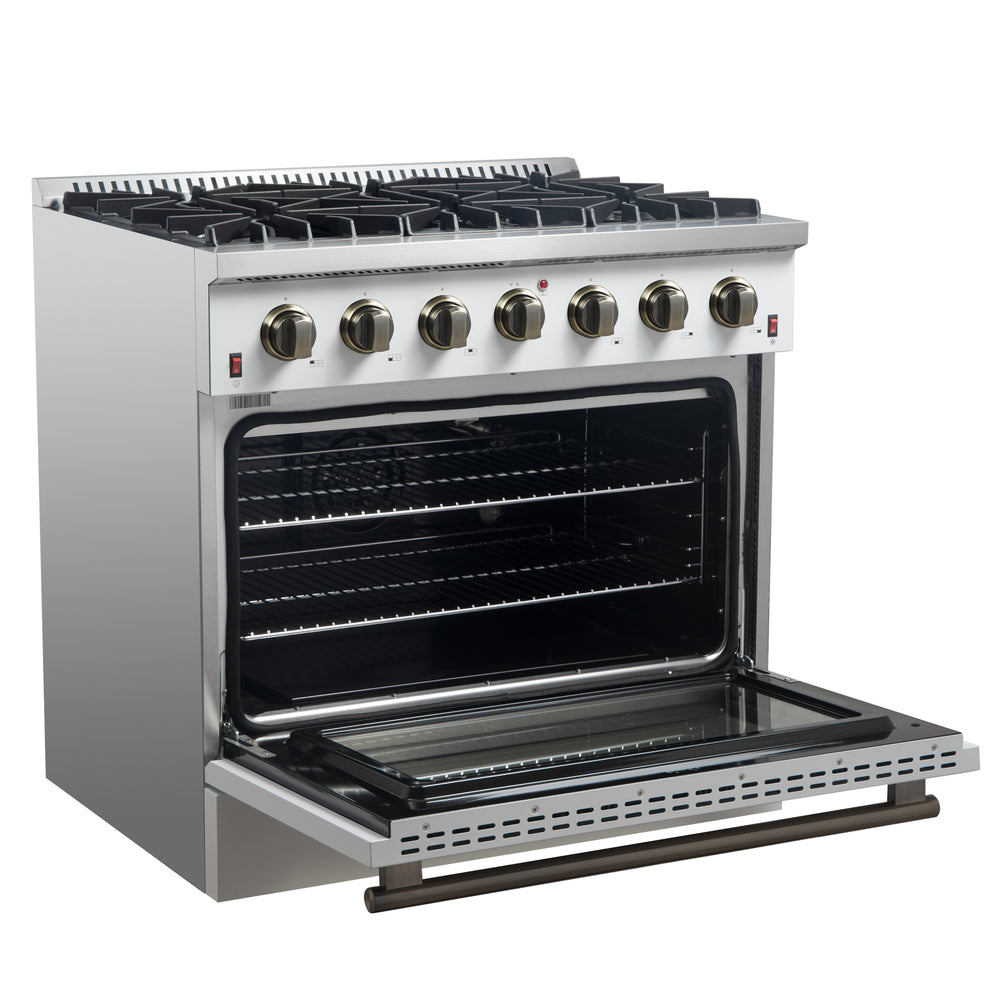Forno Galiano 36-inch Freestanding Gas Range in White with Antique Brass Design, 6 Burners, 83,000 BTU, 5.36 cu.ft. Convection Oven