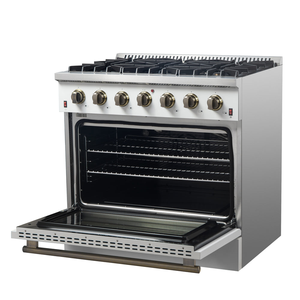 Forno Galiano 36-inch Freestanding Gas Range in White with Antique Brass Design, 6 Burners, 83,000 BTU, 5.36 cu.ft. Convection Oven