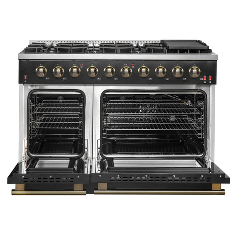 FORNO Galiano 48-inch Gas Range Black & Antique Brass Design, 8 Burners, 107,000 BTU, Griddle, 6.58 cu.ft. Double Ovens