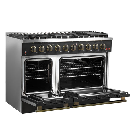 FORNO Galiano 48-inch Gas Range Black & Antique Brass Design, 8 Burners, 107,000 BTU, Griddle, 6.58 cu.ft. Double Ovens