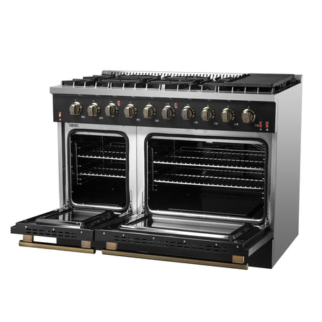 FORNO Galiano 48-inch Gas Range Black & Antique Brass Design, 8 Burners, 107,000 BTU, Griddle, 6.58 cu.ft. Double Ovens