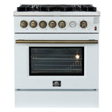Giovanni 30-inch Gas Range White & Antique Brass Design, 5 Burners 67,000 BTU, 4.32 cu.ft. Convection Oven