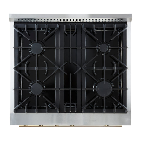 Marco 30-inch Gas Range Black & Antique Brass Design, 4 Burners 37,000 BTU, 4.32 cu.ft. Convection Oven