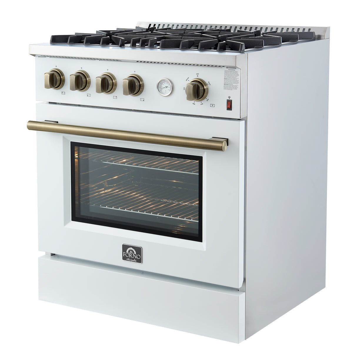 Marco 30-inch Gas Range White & Antique Brass Design, 4 Burners 37,000 BTU, 4.32 cu.ft. Convection Oven