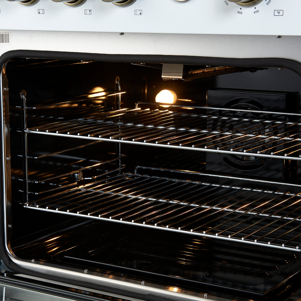 Marco 30-inch Gas Range White & Antique Brass Design, 4 Burners 37,000 BTU, 4.32 cu.ft. Convection Oven