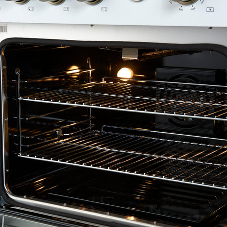 Marco 30-inch Gas Range White & Antique Brass Design, 4 Burners 37,000 BTU, 4.32 cu.ft. Convection Oven