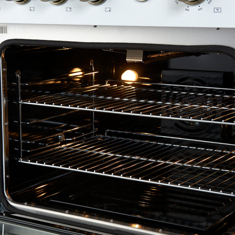 Marco 30-inch Gas Range White & Antique Brass Design, 4 Burners 37,000 BTU, 4.32 cu.ft. Convection Oven