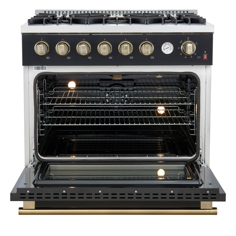 Marco 36-Inch Gas Range Black & Antique Brass Design, 6 Burners 67,000 BTU, 5.36 cu.ft. Convection Oven