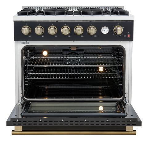 Marco 36-Inch Gas Range Black & Antique Brass Design, 6 Burners 67,000 BTU, 5.36 cu.ft. Convection Oven