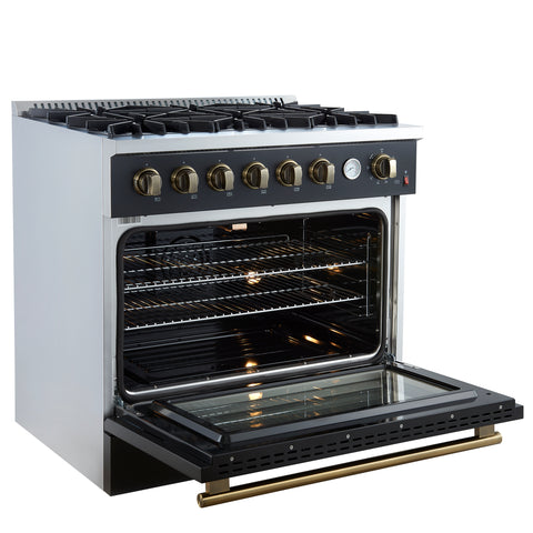 Marco 36-Inch Gas Range Black & Antique Brass Design, 6 Burners 67,000 BTU, 5.36 cu.ft. Convection Oven