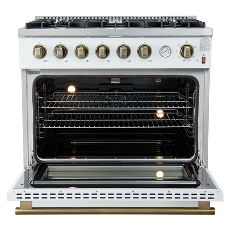 Marco 36-Inch Gas Range White & Antique Brass Design, 6 Burners 67,000 BTU, 5.36 cu.ft. Convection Oven
