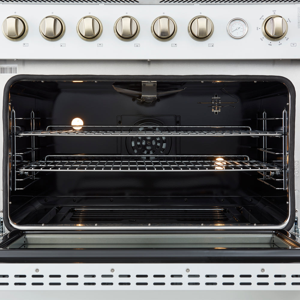 Marco 36-Inch Gas Range White & Antique Brass Design, 6 Burners 67,000 BTU, 5.36 cu.ft. Convection Oven