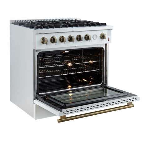 Marco 36-Inch Gas Range White & Antique Brass Design, 6 Burners 67,000 BTU, 5.36 cu.ft. Convection Oven