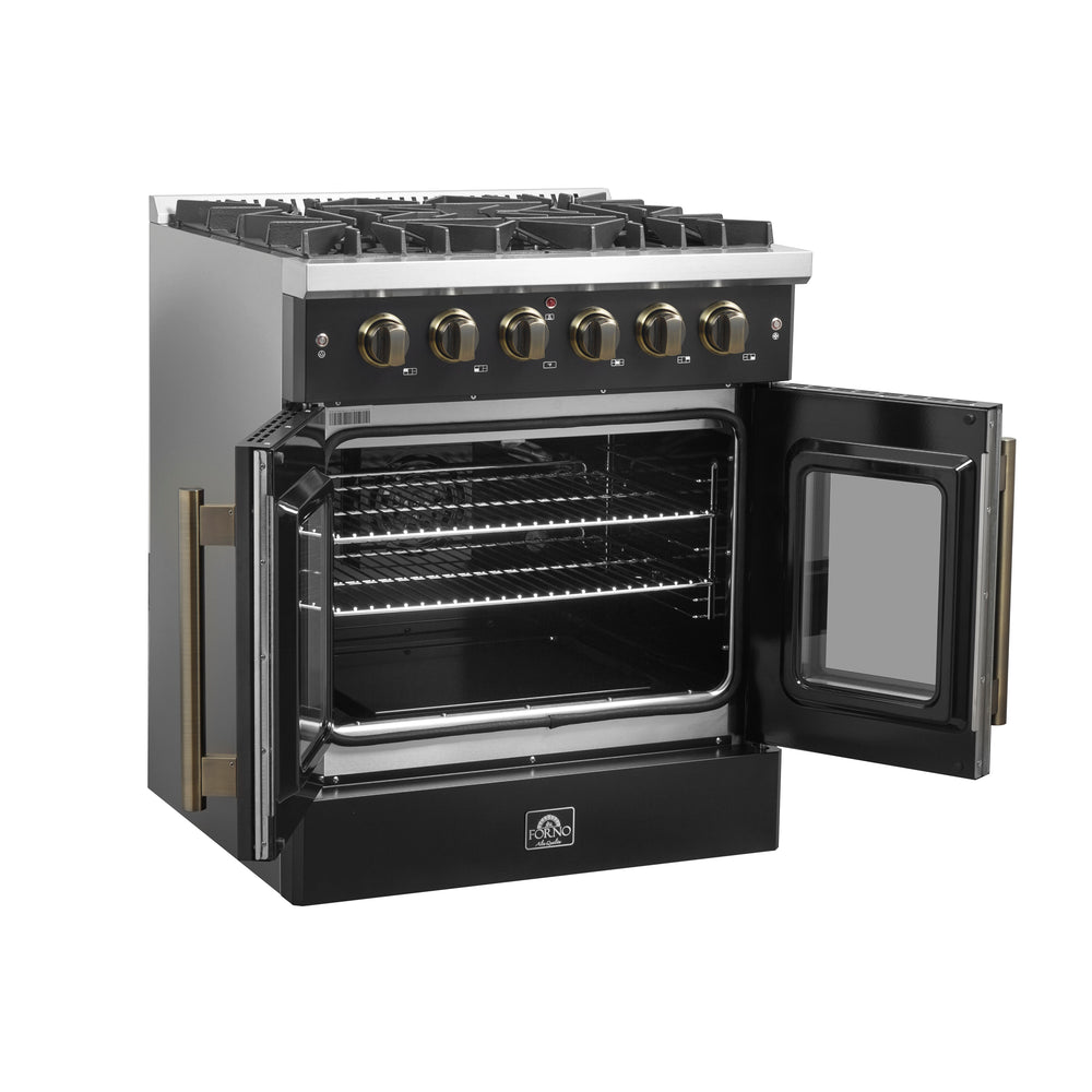 Forno Galiano 30-inch French Door Gas Range Black and Antique Brass Design, 5 Sealed Burners 68,000 BTU,  4.32 cu.ft. Convection Oven