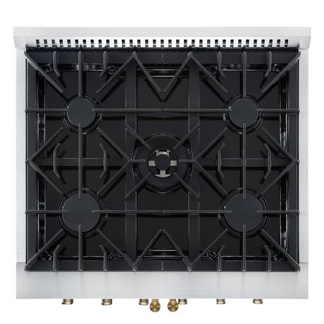 Forno Galiano 30-inch French Door Gas Range
White with Antique Brass Design, 5 Burners,
68,000 BTU, 4.32 cu.ft. Convection Oven