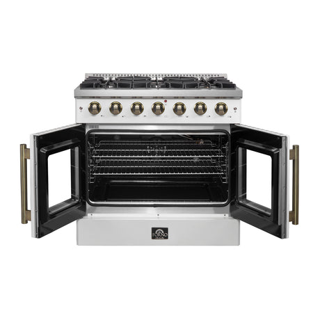 Forno Galiano 36-inch French Door Gas Range White and Antique Brass Design, 6 Sealed Burners 83,000 BTU, 5.36 cu.ft. Convection Oven