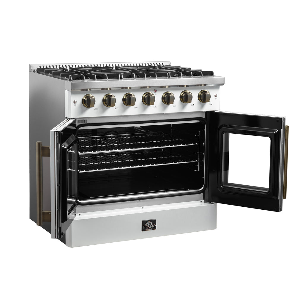 Forno Galiano 36-inch French Door Gas Range White and Antique Brass Design, 6 Sealed Burners 83,000 BTU, 5.36 cu.ft. Convection Oven