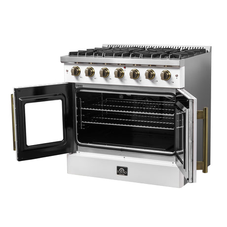 Forno Galiano 36-inch French Door Gas Range White and Antique Brass Design, 6 Sealed Burners 83,000 BTU, 5.36 cu.ft. Convection Oven