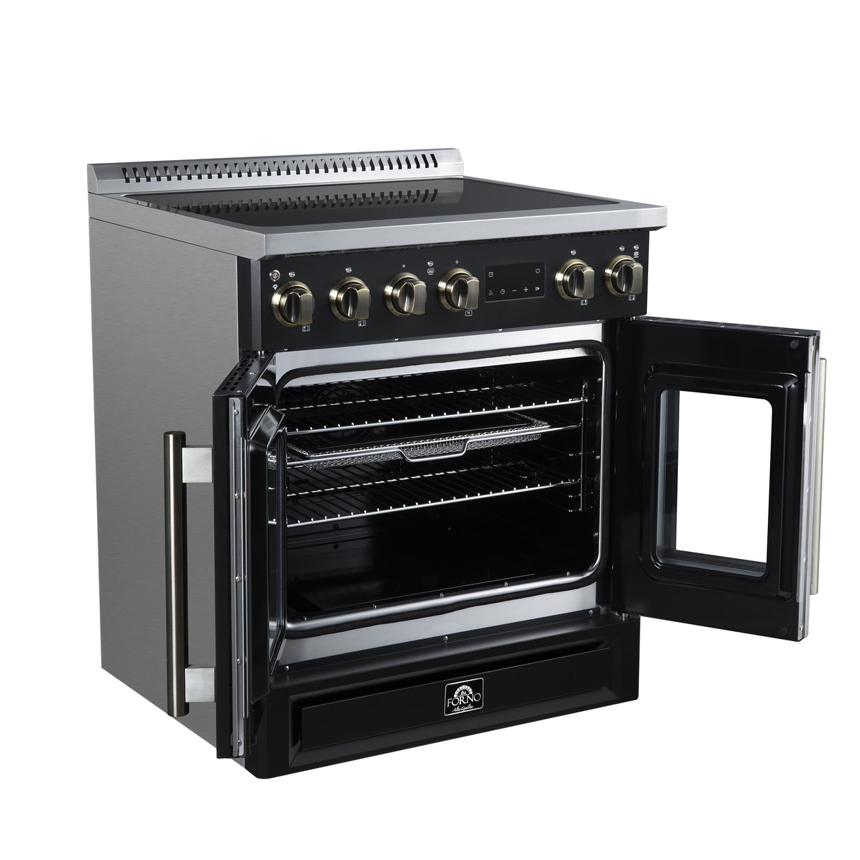 Torino French Door 30 Inch Induction Range with Air Fryer, Air Sous Vide & True Convection, Dual Broiler, Black