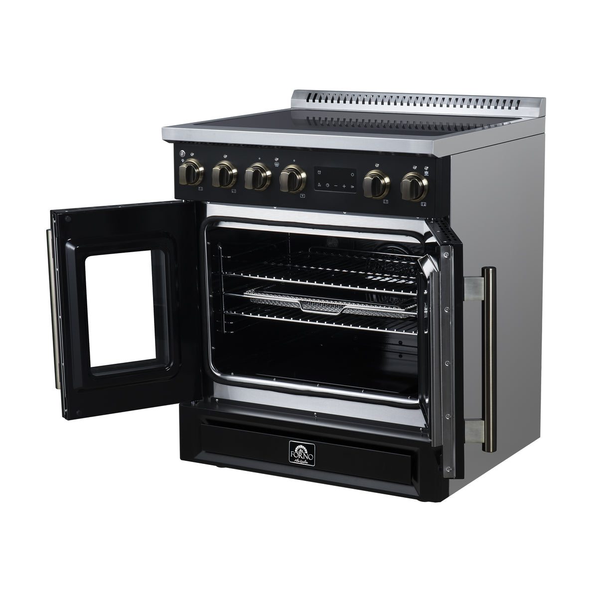 Torino French Door 30 Inch Induction Range with Air Fryer, Air Sous Vide & True Convection, Dual Broiler, Black