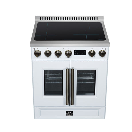 Torino French Door 30 Inch Induction Range with Air Fryer, Air Sous Vide & True Convection, Dual Broiler, White