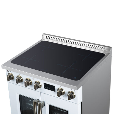 Torino French Door 30 Inch Induction Range with Air Fryer, Air Sous Vide & True Convection, Dual Broiler, White