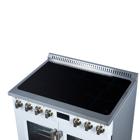 Torino French Door 36 Inch Induction Range with Air Fryer, Air Sous Vide & True Convection, Dual Broiler, White