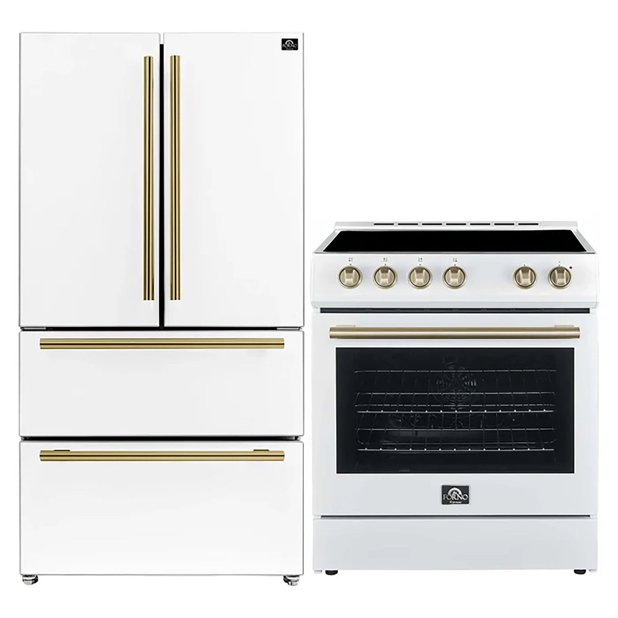 FORNO Premium 2 Pieces Kitchen Bundle - Leonardo Espresso 30-Inch White Electric Range, Moena Espresso 36-Inch White French Door Refrigerator