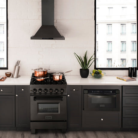 ZLINE 24 in. 2.8 cu. ft. Legacy Dual Fuel Range with Gas Cooktop and Electric Convection Oven in Black Stainless Steel with 4 Brass Burners (RAB-BR-24)