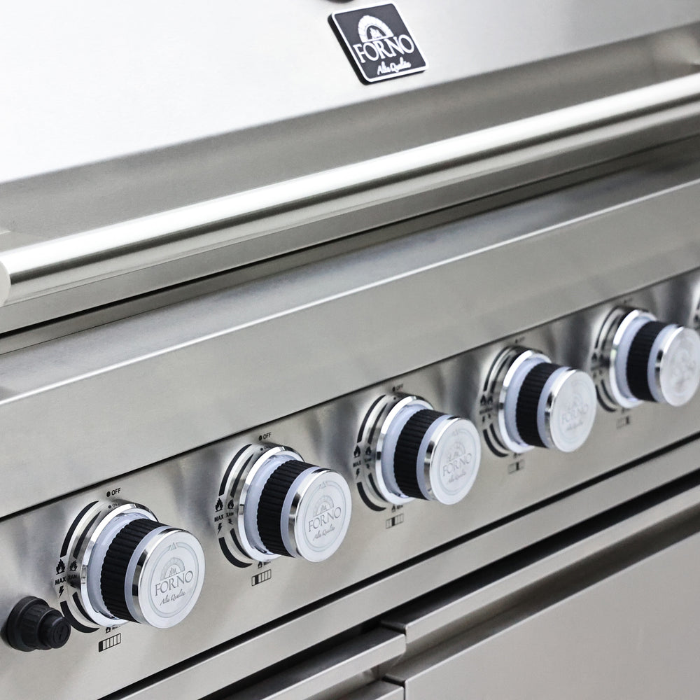 FORNO Bulnes 40-Inch BBQ, 95,000 BTU, 5 Burners, Sear & Rotisserie Infrared with Side Burner, Stainless Steel Outdoor Kitchen with 1.8 cu.ft. Beverage Center & Black Granite Countertops