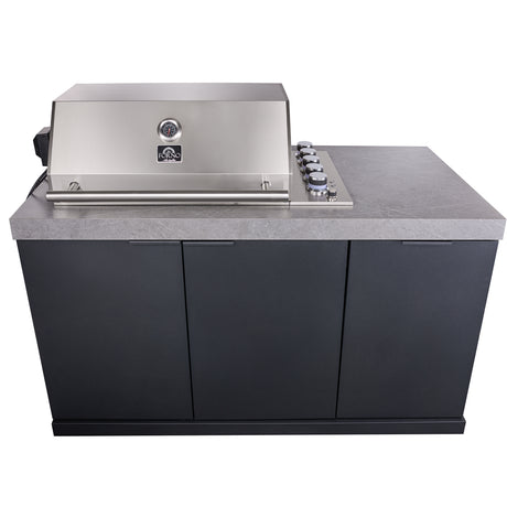 Forno Rimini Outdoor Kitchen 30" BBQ 62,600 BTU, 3 Burners with Sear & Rotisserie, 2.4 cu.ft. Beverage Center, Stainless Steel Sink, Black Cabinets & Gray Sintered Stone Countertop