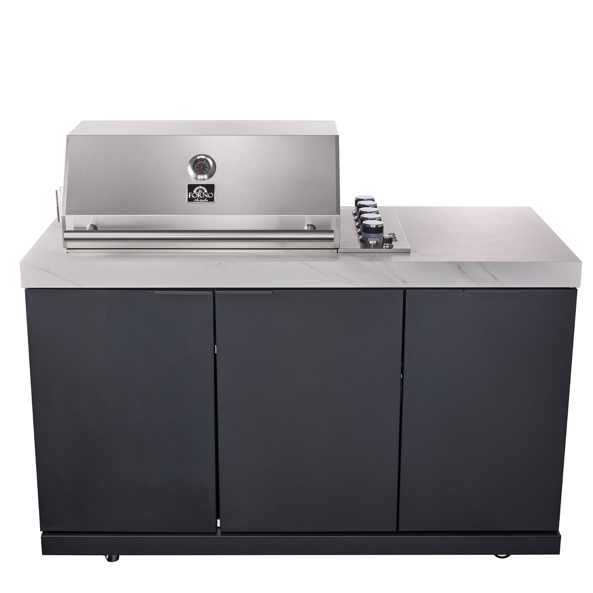 Forno Rimini Outdoor Kitchen: 30" BBQ 62,600 BTU, 4.8 cu.ft. Refrigerators, White Countertops