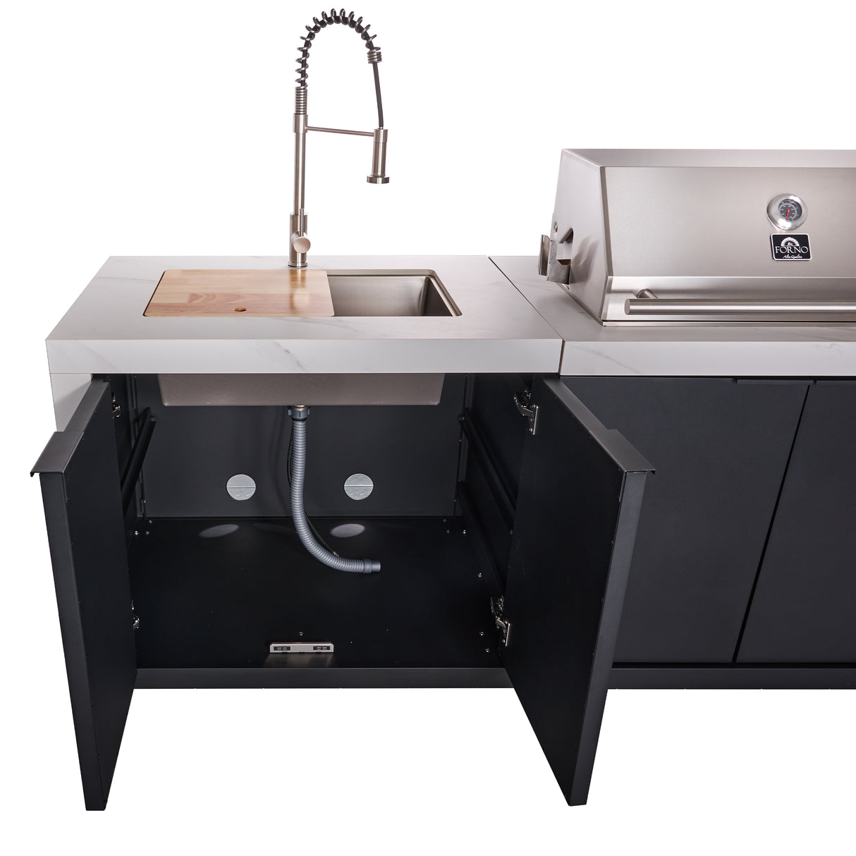 Forno Rimini Outdoor Kitchen: 30" BBQ 62,600 BTU, 4.8 cu.ft. Refrigerators, White Countertops