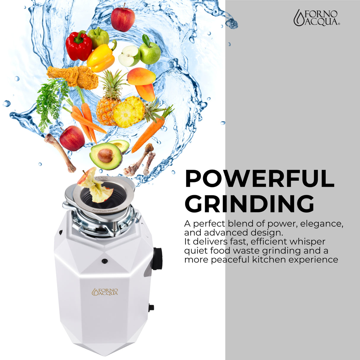 FORNO ACQUA BrightDIAMOND Moonstone 3/4HP Super Quiet Garbage Disposal Corded with Motion Sensor Cabinet Light & Pre-Wired Air Switch