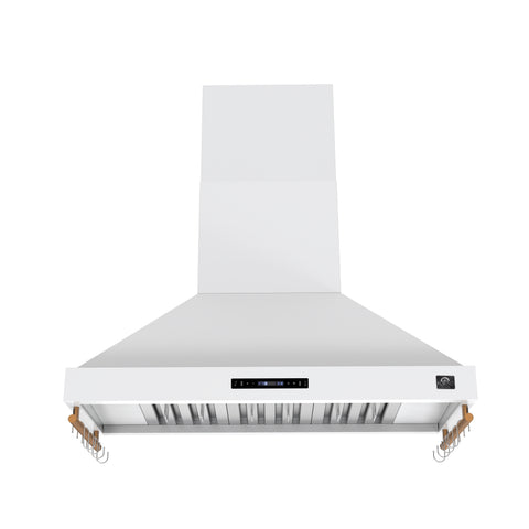 Forno Venezia 48 Inch Wall-Mounted Range Hood in White with Antique Brass Accessories, Touch Controls and Baffle Filters