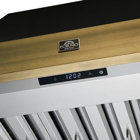 Forno Vittorio 36-Inch Wall Mount Range Hood, Black with Antique Brass Trim, 600 CFM Airflow, Dishwasher-Safe Baffle Filters, Remote Control, 3-Speed Fan, Bright LED Lighting.