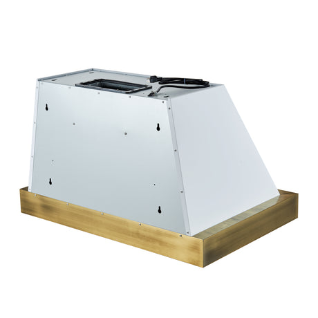 Forno Vittorio 36-Inch Wall Mount Range Hood, White with Antique Brass Trim, 600 CFM Airflow, Dishwasher-Safe Baffle Filters, Remote Control, 3-Speed Fan, Bright LED Lighting.