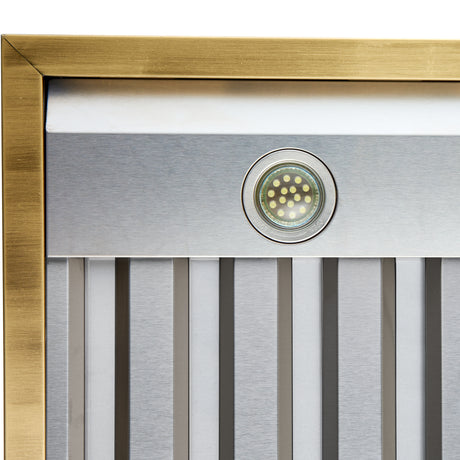 Forno Vittorio 36-Inch Wall Mount Range Hood, White with Antique Brass Trim, 600 CFM Airflow, Dishwasher-Safe Baffle Filters, Remote Control, 3-Speed Fan, Bright LED Lighting.