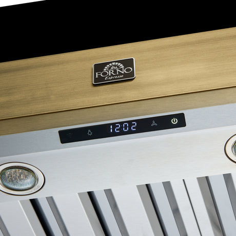 Forno Vittorio 48-Inch Wall Mount Range Hood, Black with Antique Brass Trim, 600 CFM Airflow, Dishwasher-Safe Baffle Filters, Remote Control, 3-Speed Fan, Bright LED Lighting.