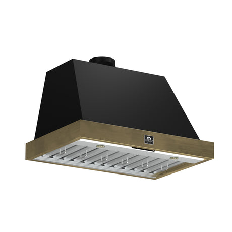 Forno Vittorio 36-Inch Wall Mount Range Hood, Black with Antique Brass Trim, 600 CFM Airflow, Dishwasher-Safe Baffle Filters, Remote Control, 3-Speed Fan, Bright LED Lighting.