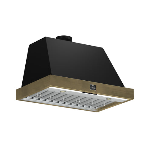 Forno Vittorio 36-Inch Wall Mount Range Hood, Black with Antique Brass Trim, 600 CFM Airflow, Dishwasher-Safe Baffle Filters, Remote Control, 3-Speed Fan, Bright LED Lighting.