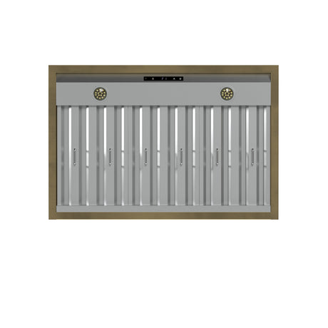 Forno Vittorio 36-Inch Wall Mount Range Hood, Black with Antique Brass Trim, 600 CFM Airflow, Dishwasher-Safe Baffle Filters, Remote Control, 3-Speed Fan, Bright LED Lighting.