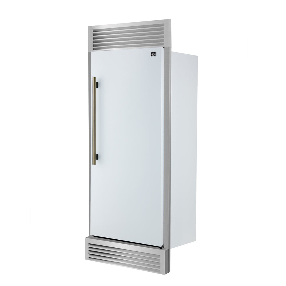 Forno Maderno 28-Inch Built-In Convertible Refrigerator in White with Antique Brass Handle, 13.6 cu.ft. Right Swing with Decorative Trim - 32-Inch Wide