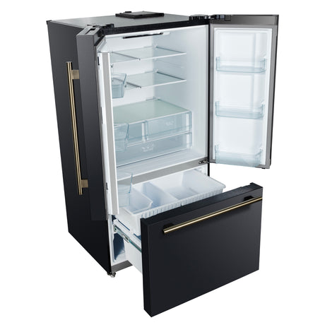 Forno Rivello 36 Inch French Door Refrigerator in Black with Antique Brass, Internal Water Dispenser, Filtered Ice, Adjustable Shelves, Energy Star Certified
