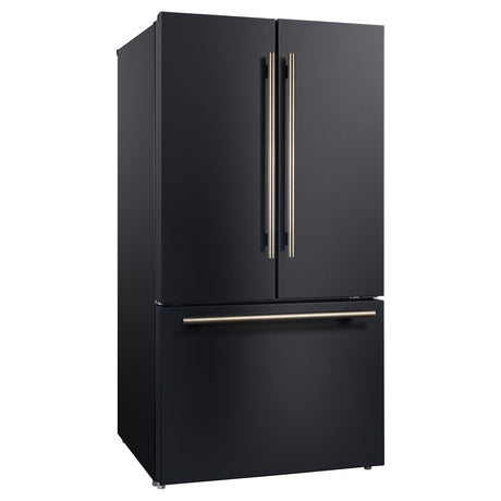 Forno Rivello 36 Inch French Door Refrigerator in Black with Antique Brass, Internal Water Dispenser, Filtered Ice, Adjustable Shelves, Energy Star Certified