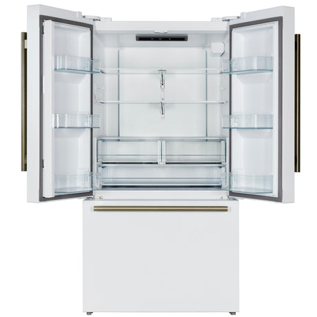 Forno Rivello 36 Inch French Door Refrigerator in White with Antique Brass, Internal Water Dispenser, Filtered Ice, Adjustable Shelves, Energy Star Certified