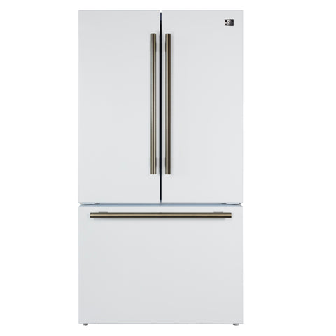 Forno Rivello 36 Inch French Door Refrigerator in White with Antique Brass, Internal Water Dispenser, Filtered Ice, Adjustable Shelves, Energy Star Certified