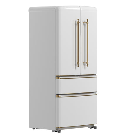 Forno Luigi 33-Inch French Door Refrigerator, 18 cu.ft, White Finish, Antique Brass Handles, ENERGY STAR Certified
